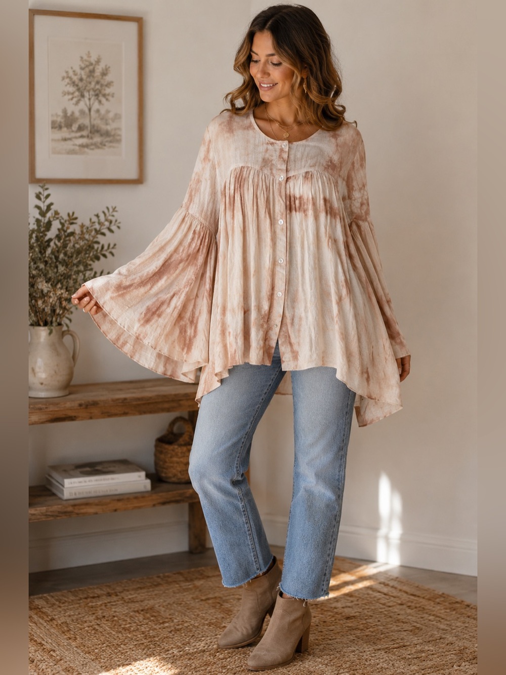 Blu Pepper NWT Tie Dye Babydoll Tunic Top Bell Sleeve Boho Blush Small